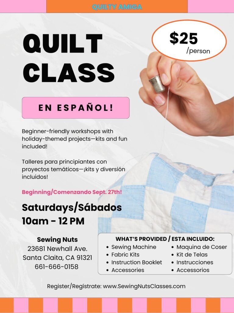 Big News: ¡Mis primeras quilting classes! pink orange bold illustrative sewing workshop event poster